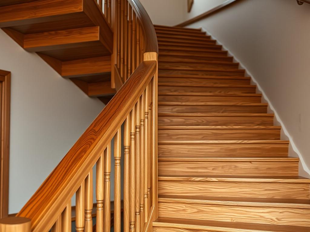A realistic close-up shot of a beautifully crafted wooden staircase, showcasing intricate details and textures. The staircase should have a modern design with a sleek handrail, set in a well-lit interior space that highlights the craftsmanship. The background should be simple, focusing solely on the staircase. The image should be high-resolution, captured with a 45mm f/1.2 lens style.