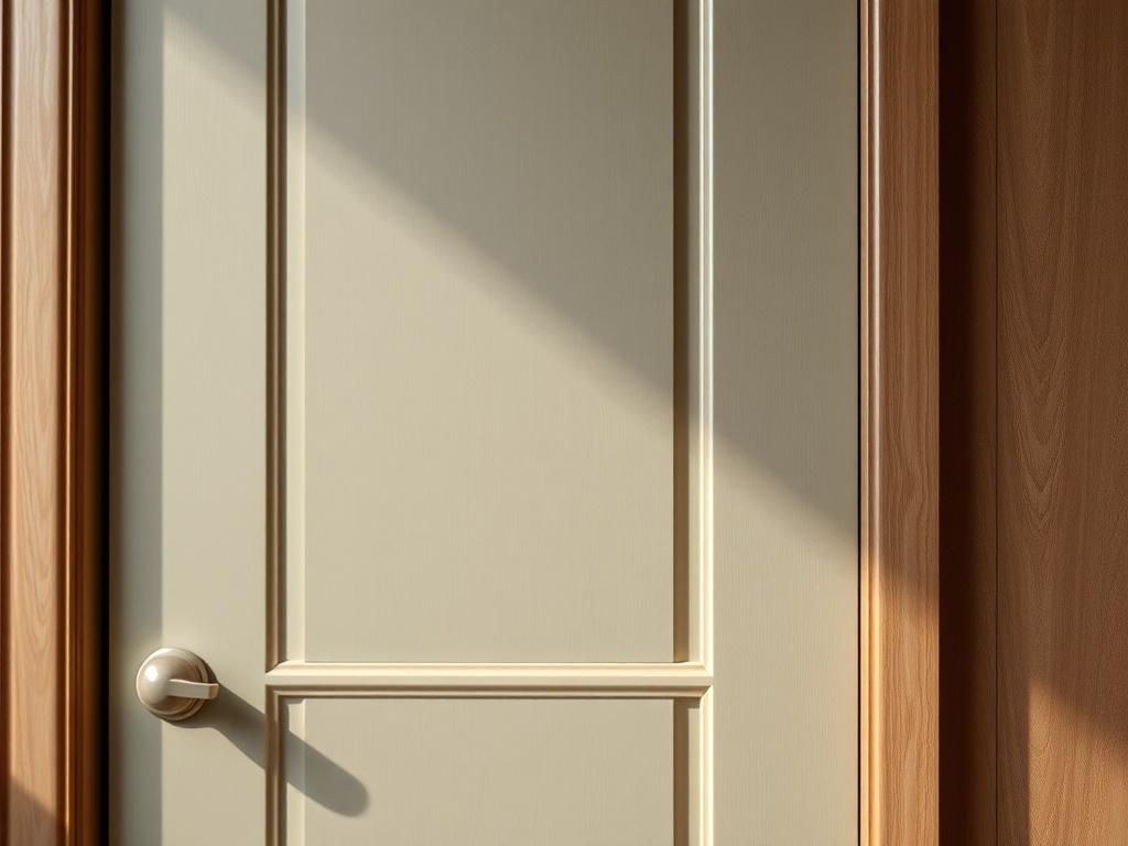 A close-up shot of a beautifully installed modern interior door with a smooth finish, showcasing the craftsmanship and attention to detail. The door should be the central focus, with a subtle and elegant background that complements the primary color #062767. The image should be high-resolution, captured with a 45mm f/1.2 lens style, emphasizing the texture and quality of the door.