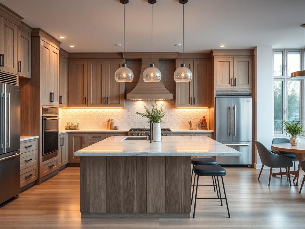 A hyper-realistic image of a contemporary kitchen with an open layout, featuring modern appliances, elegant cabinetry, and warm lighting. The focus should be on the kitchen island and countertop, showcasing design details, shot with a 45mm f/1.2 lens style.