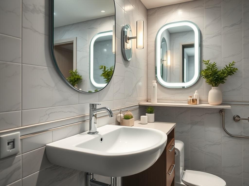 A high-resolution close-up image of a modern bathroom featuring elegant fixtures, stylish tiles, and soft lighting. The focus should be on the sink area with a sleek design, beautiful mirrors, and decorative elements, captured with a 45mm f/1.2 lens style.