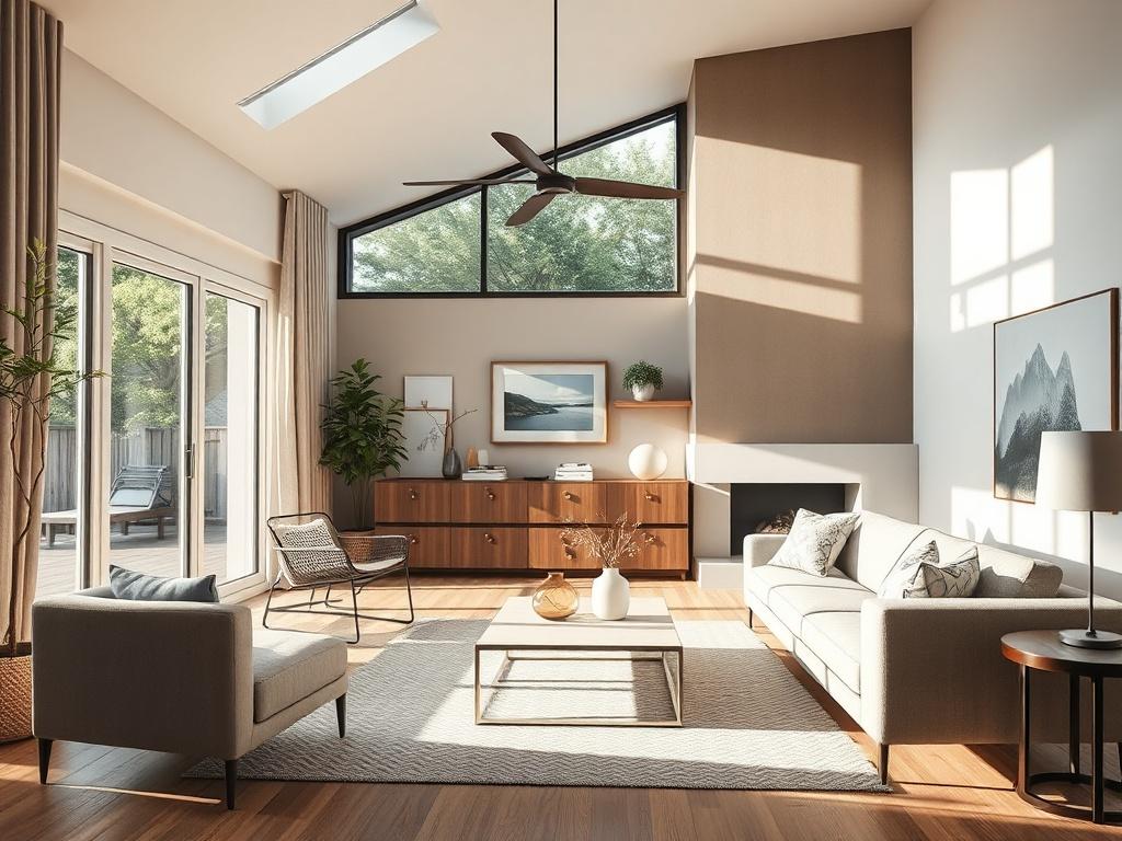 A realistic high-resolution image of a beautifully renovated living room, showcasing modern design elements, natural light streaming through large windows, and a cozy atmosphere. The focus should be on the interior details such as furniture, wall colors, and decorative elements, shot with a 45mm f/1.2 lens style.