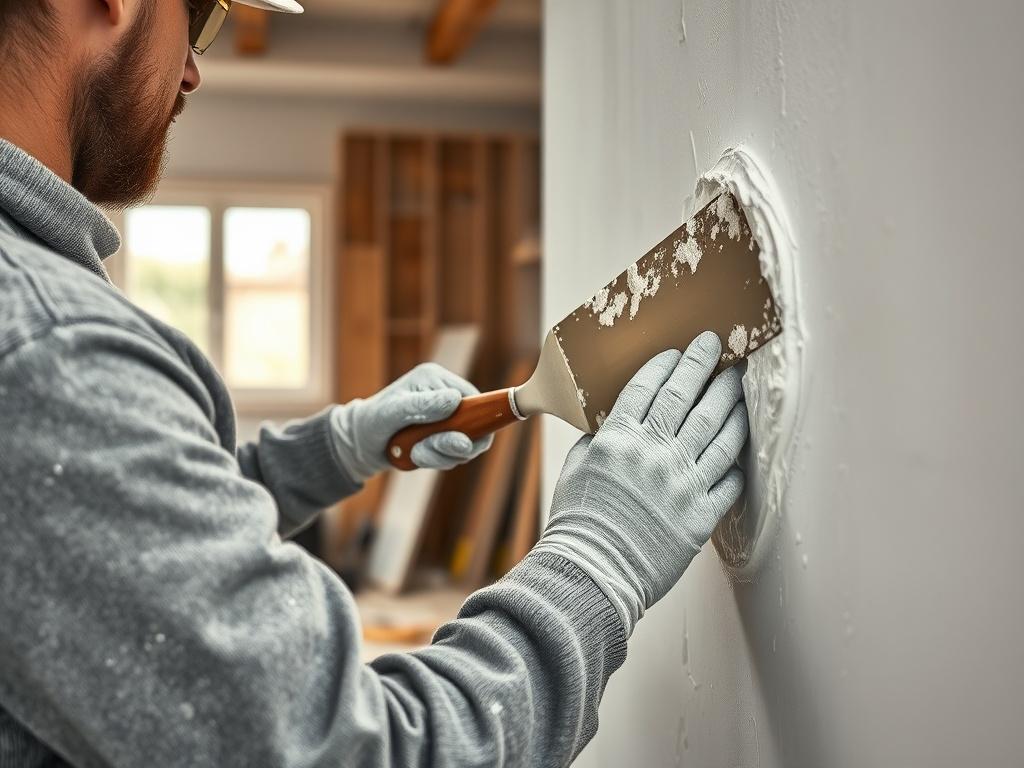 A close-up shot of a skilled worker applying plaster to a wall with a trowel, showcasing smooth and even application. The background features a partially renovated room with tools and materials scattered around, emphasizing the craftsmanship involved in plasterworks. The lighting is bright and highlights the texture of the plaster, creating a hyper-realistic effect.