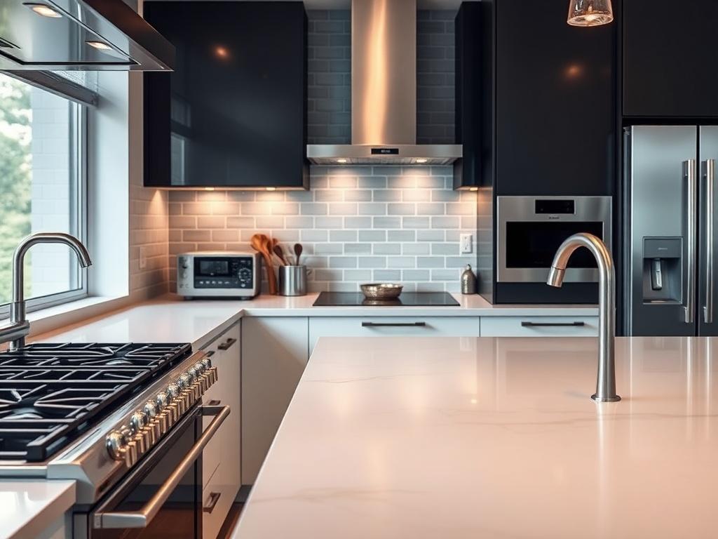 A captivating close-up of a contemporary kitchen showcasing high-end appliances and a stylish layout. The countertops are sleek and polished, with modern cabinetry that complements the overall design. Soft lighting accentuates the space, creating a warm and inviting atmosphere. The image highlights the attention to detail and craftsmanship in the renovation, representing the premium quality that GGE RenoBouw delivers in their kitchen renovation projects.