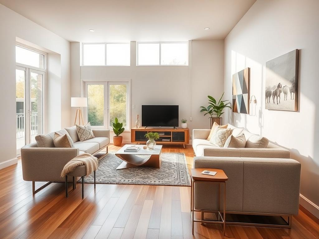 A stunning close-up shot of a beautifully renovated living room showcasing modern design elements. The room features elegant furniture, soft lighting, and a harmonious color palette. The walls are freshly painted, and the flooring is polished wood. In the background, large windows allow natural light to flood the space, highlighting the craftsmanship of the renovation. The image is vibrant and inviting, emphasizing the premium quality of the work done by GGE RenoBouw.