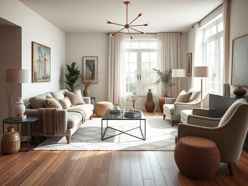 Create a realistic high-resolution photo that visually captures the essence of a total renovation for a home, with the following details: 

**Subject Matter**: Feature a beautifully renovated living room that showcases modern interior design. The focal point should be a cozy, inviting seating area with a plush sofa, elegant coffee table, and tastefully arranged decorative elements, such as cushions and a decorative throw. Include a large window that allows natural light to flood the space, enhancing the bri