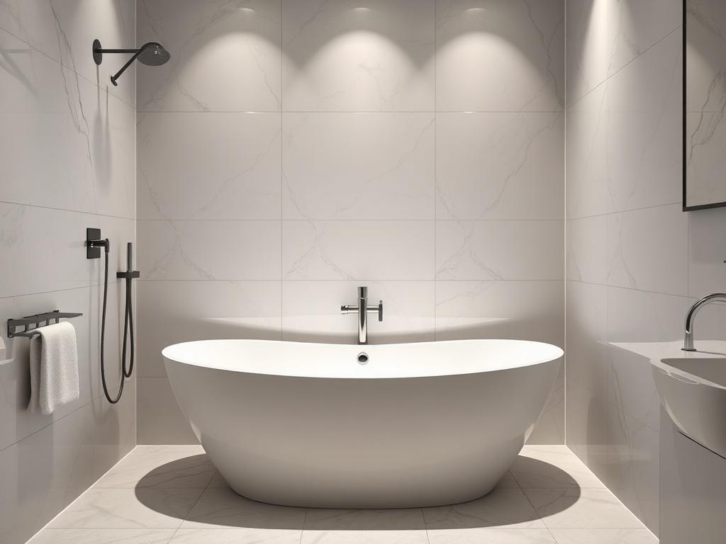 A beautifully renovated bathroom featuring modern tiles and fixtures. The composition should focus on a sleek bathtub with elegant lighting, surrounded by stylish tilework. The background should be minimalistic yet sophisticated, highlighting the premium quality of the renovation. The image should capture the essence of luxury and modernity, with a close-up perspective to emphasize details and textures.