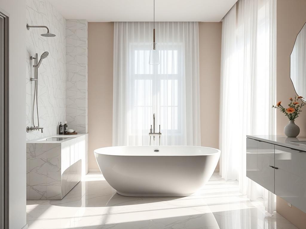 Create a realistic high-resolution photo that captures the essence of "De Perfecte Badkamerrenovatie." The composition should be simple and clear, featuring a single luxurious bathroom that embodies elegance and modern design. The subject of the image is a beautifully renovated bathroom showcasing high-quality materials and craftsmanship. 

The focal point should be a sleek freestanding bathtub positioned centrally, surrounded by polished marble tiles that reflect soft, natural light. To enhance the invitin