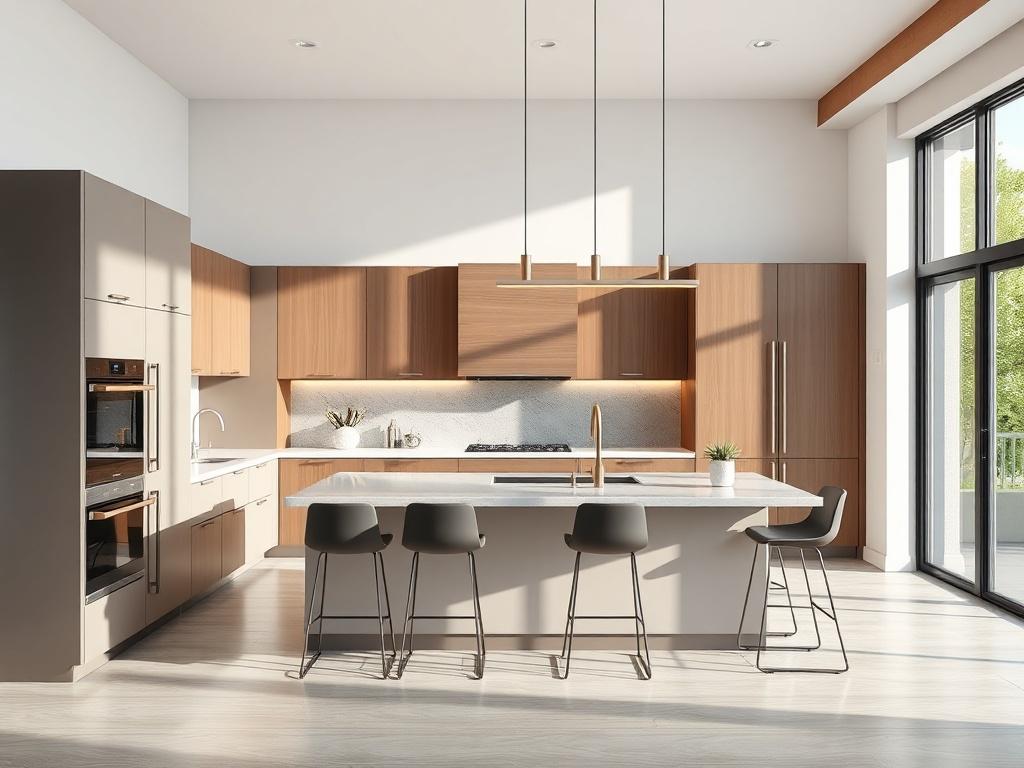 A beautifully renovated kitchen showcasing modern design elements. The kitchen features sleek cabinets, a spacious island with bar stools, and elegant lighting fixtures. The background should be a bright and airy atmosphere with natural light streaming in through a large window, highlighting the high-quality finishes and attention to detail in the renovation.