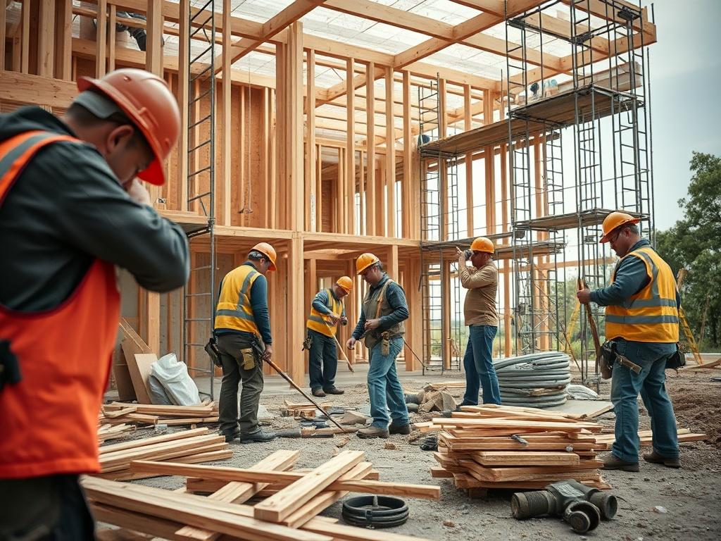 A hyper-realistic close-up shot of a construction site showcasing a total renovation project. The scene should include skilled workers actively engaged in various tasks such as demolition, framing, and finishing. The background should depict a partially completed building with scaffolding and construction materials like wood and tools visible. The focus should be on the craftsmanship and teamwork involved in the project, highlighting the quality and dedication of the workers.