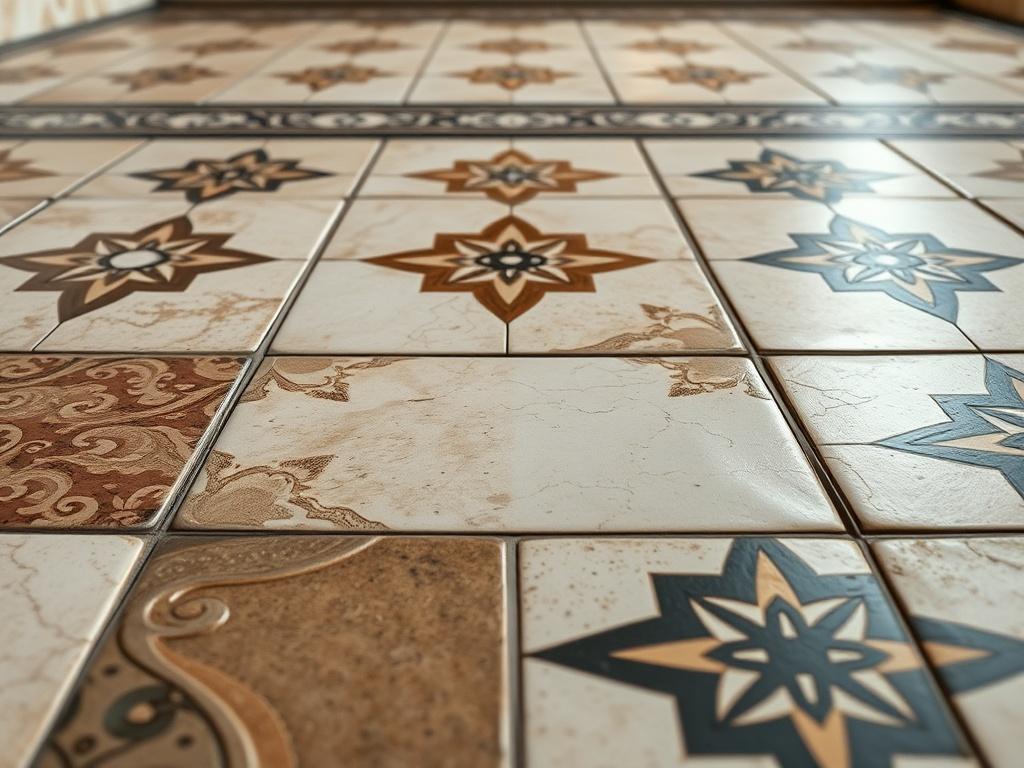 A high-resolution close-up shot of a beautifully tiled floor with intricate patterns and textures, showcasing different types of tiles. The focus is on the details of the tiles, highlighting the craftsmanship and quality. The background is simple and uncluttered, emphasizing the beauty of the tiled surface, shot with a 45mm f/1.2 lens style.