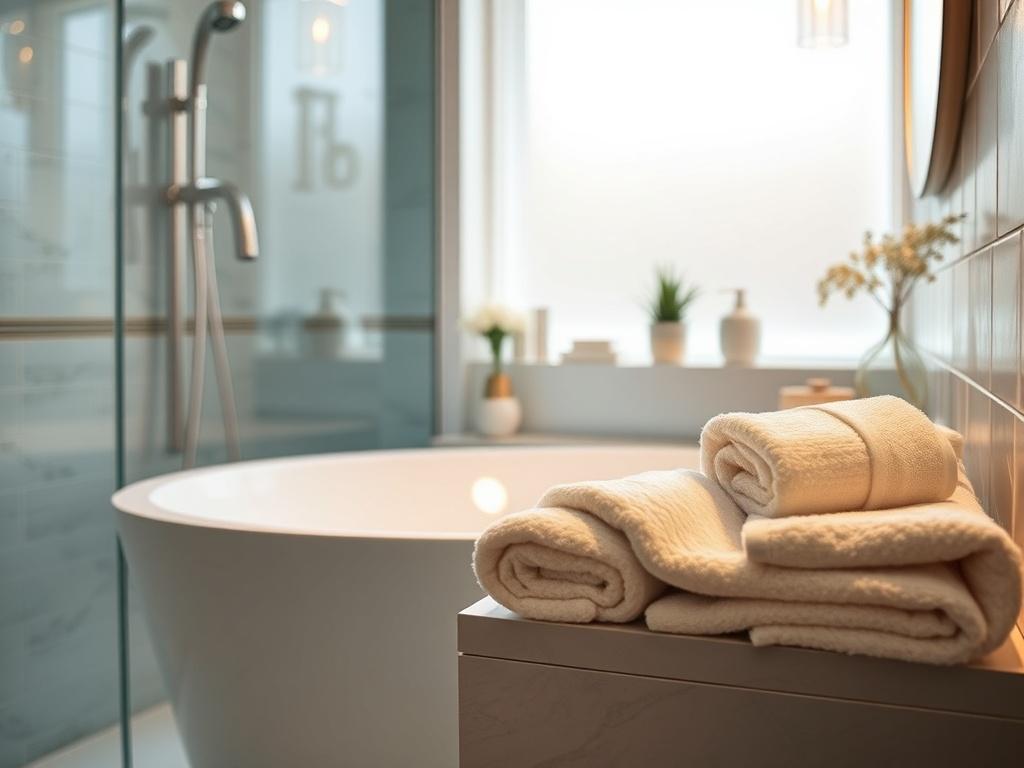 A detailed close-up of a luxurious bathroom after renovation. The space includes a modern bathtub, sleek faucets, and stylish tiles. Soft lighting casts a warm glow on the pristine surfaces, accentuating the craftsmanship. Fresh towels are neatly arranged, and decorative elements add a touch of elegance. The image captures the essence of relaxation and sophistication, showcasing the premium quality of GGE RenoBouw's work in bathroom renovations.