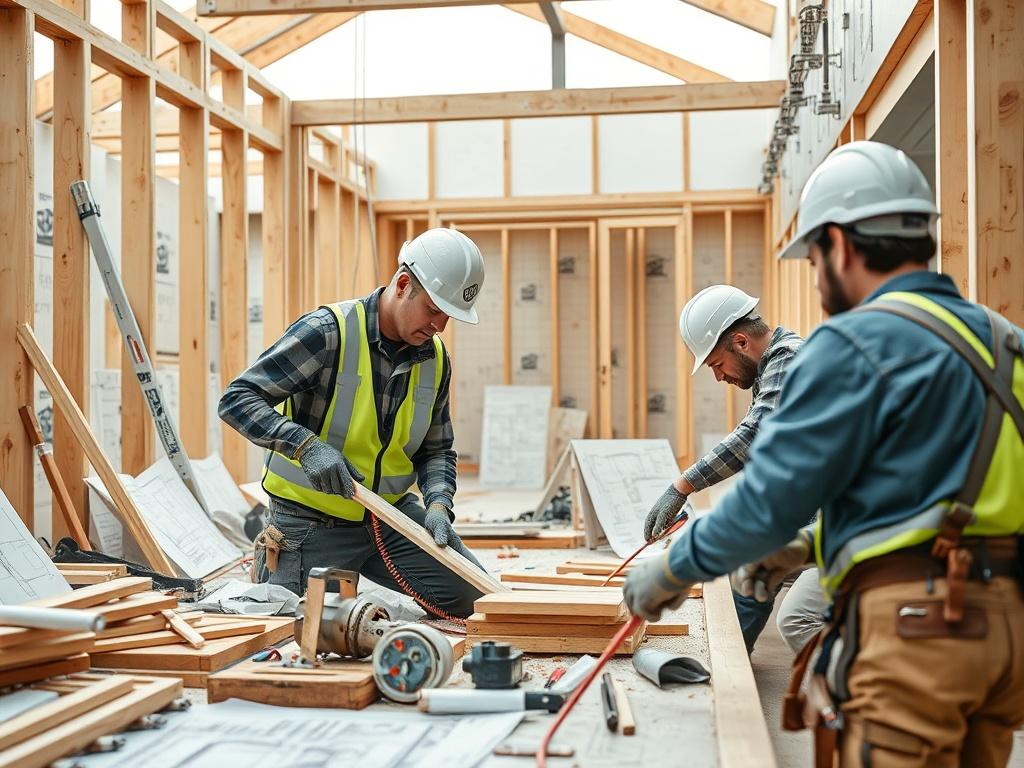 A high-resolution close-up shot of a construction site showcasing a total renovation project (chantier blanc). The image should feature skilled workers actively engaged in various tasks such as demolition, framing, and installation. The background should be a blend of blueprints and construction materials, emphasizing the complexity and craftsmanship involved. The focus should be on the workers and the tools they use, capturing the essence of a total renovation process in a clear and realistic manner.