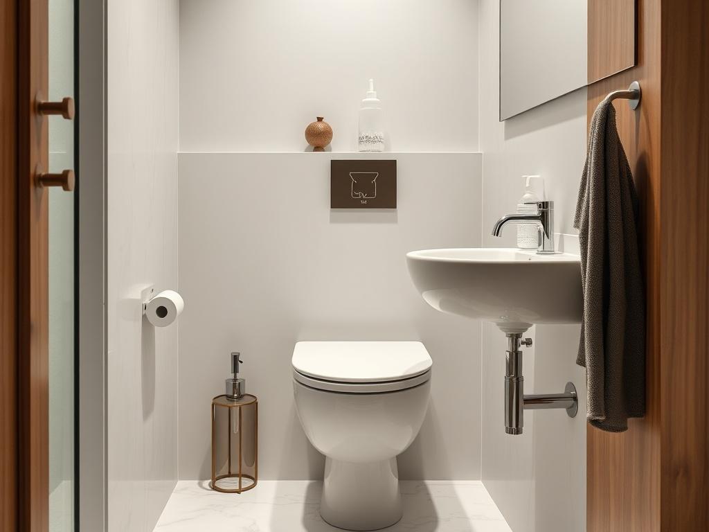 A high-resolution close-up shot of a beautifully renovated toilet space showcasing modern finishes, clean lines, and eco-friendly materials. The image should focus on a stylish toilet bowl, elegant sink, and contemporary fixtures, with a well-lit and minimalistic background to emphasize the cleanliness and sophistication of the design.