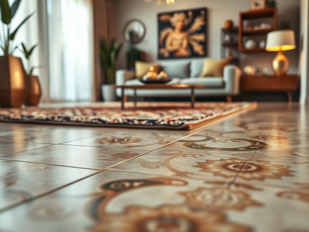 A hyper-realistic close-up shot of a beautifully tiled floor in a modern living room, showcasing intricate tile patterns and textures. The lighting should be warm and inviting, highlighting the quality and craftsmanship of the tiles. The background should be softly blurred to keep the focus on the tiles, with a hint of decorative elements like a stylish rug or furniture to create a homely atmosphere.
