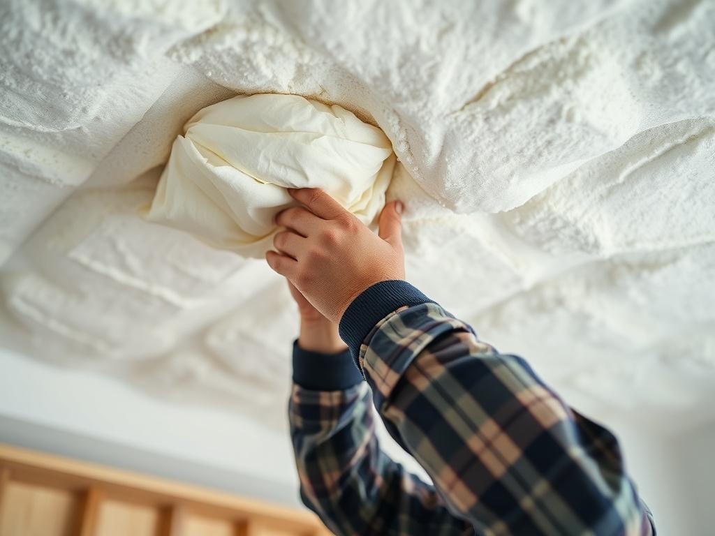 A realistic high-resolution photo of a professional contractor installing insulation in a ceiling, showcasing detailed work with insulation materials. The image should focus on the contractor's hands and the insulation being applied, with a clean and organized workspace in the background. Ensure the colors are compatible with the primary color #062767.