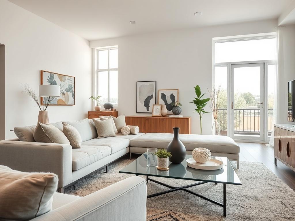 A high-resolution photo of a beautifully renovated living room showcasing modern design elements. The focus is on a stylish sofa and a sleek coffee table with decorative items. Bright natural light filters in through large windows, illuminating the space. The walls are painted in a soft neutral color, and there are tasteful artworks on display. The background should be simple and elegant, emphasizing the quality of the renovation work.