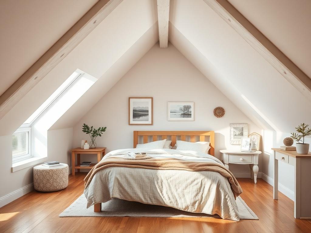A beautifully renovated attic space transformed into a cozy bedroom, featuring a wooden bed frame, soft lighting, and stylish decor. The walls are painted in a soft color, and there are large windows letting in natural light. The flooring is wooden, adding warmth to the room. The composition should focus on the inviting atmosphere of the space, with a clear view of the bed and decor, creating a homely feel.