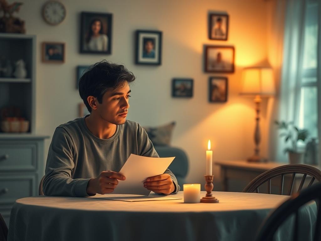 An individual sitting at a table with a candle softly