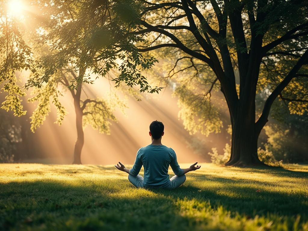 A tranquil scene of a person meditating in a peaceful