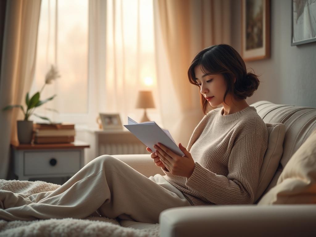 A tranquil scene of a person in a cozy room,