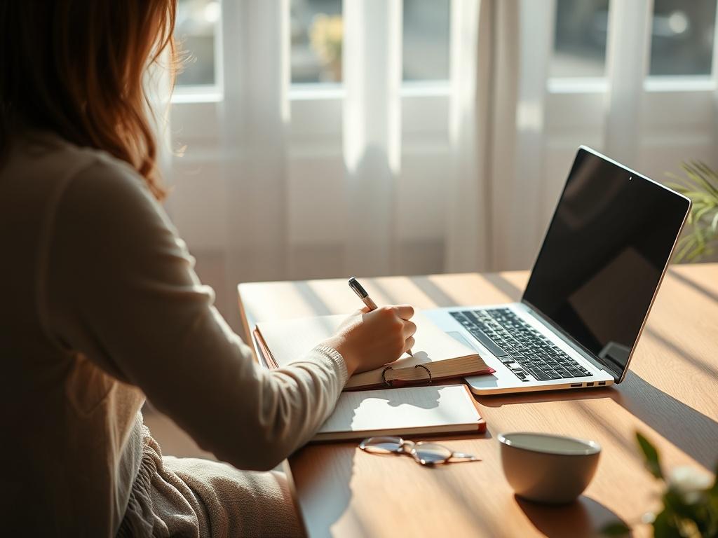 A calming image of a person sitting at a desk,