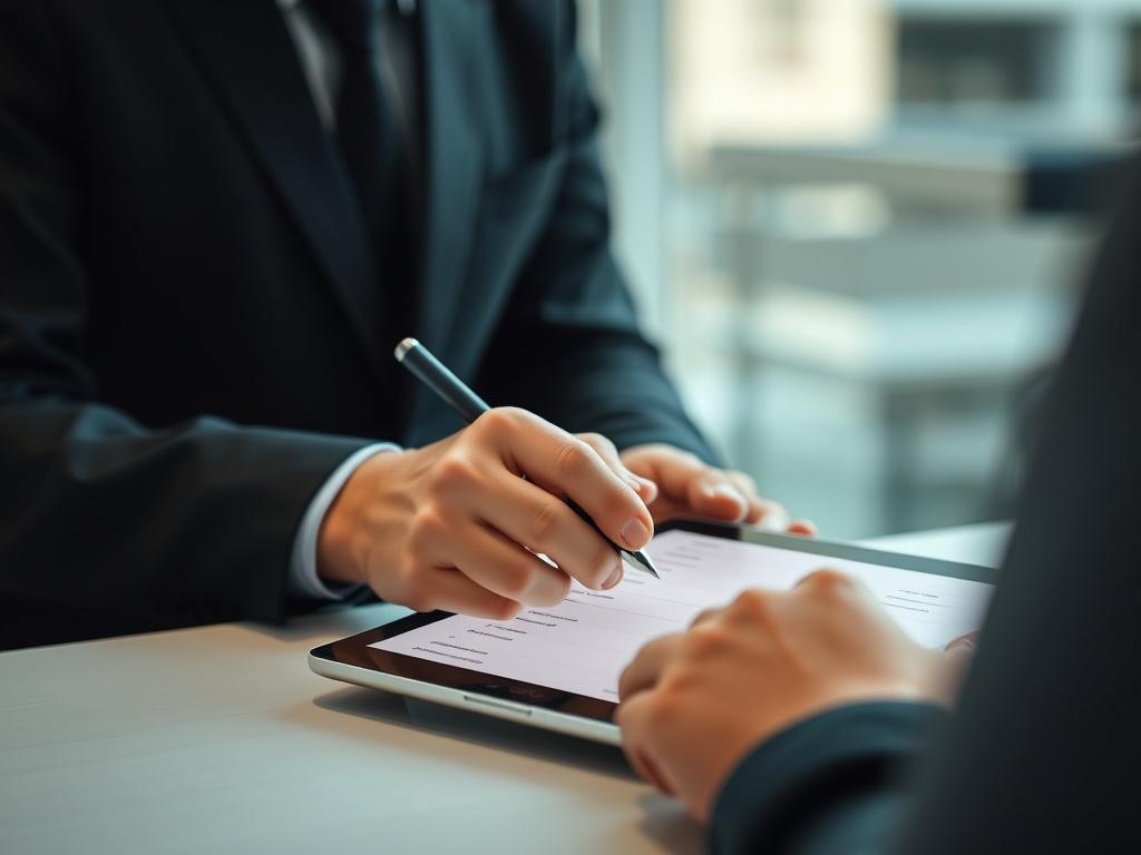 A high-resolution image of a person filling out a digital form on a tablet, representing KYC verification process. The focus should be on the tablet screen with visible form fields, while the background remains softly blurred to maintain focus. The setting should look professional and secure.