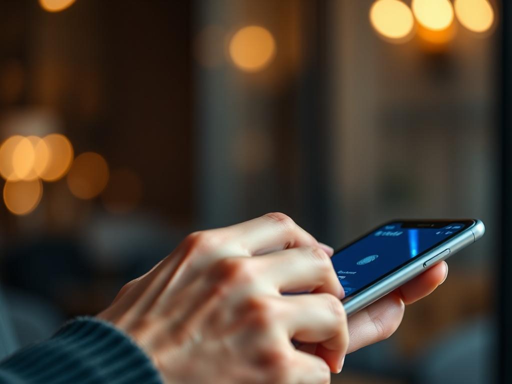 A close-up shot of a person using a fingerprint scanner on a smartphone, showcasing biometric verification technology. The background is softly blurred to emphasize the scanner, with a warm, inviting ambiance. The image should have a realistic high-resolution quality, focusing on the hand and device.