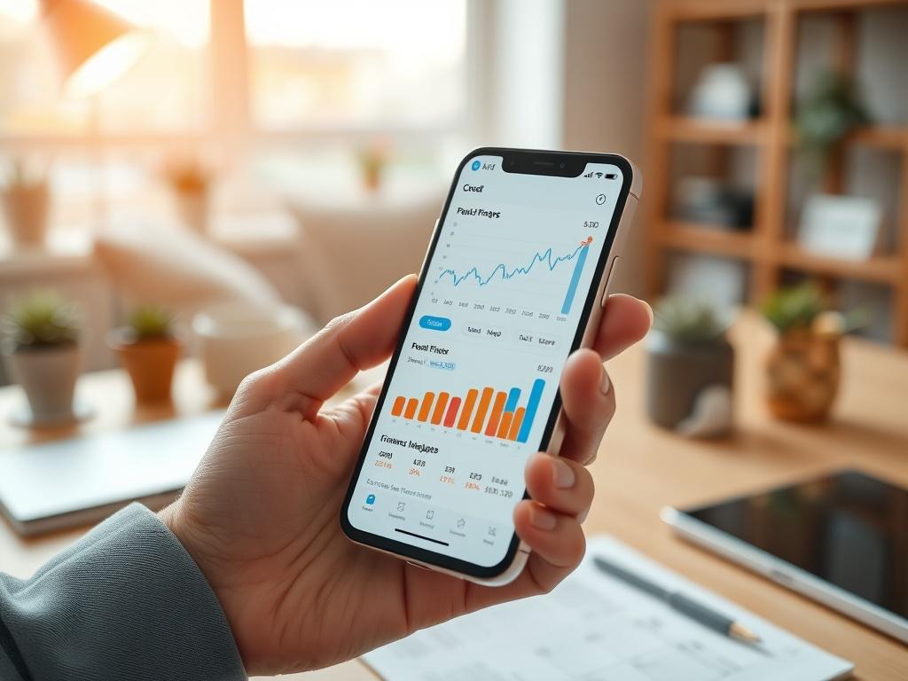 A close-up of a smartphone displaying a financial management app with graphs and charts. The background should be an inviting workspace, conveying a sense of organization and control over finances. Ensure the image is high-resolution and captures the app's interface clearly.