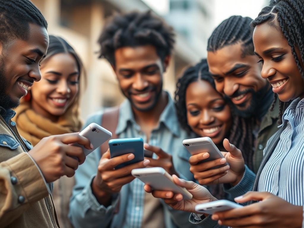 A close-up shot of a diverse group of individuals using a mobile finance app, showcasing a range of ages and ethnicities. The background features a soft, blurred urban environment that emphasizes community engagement. The subjects exhibit expressions of confidence and satisfaction as they interact with their devices, symbolizing empowerment and financial freedom.