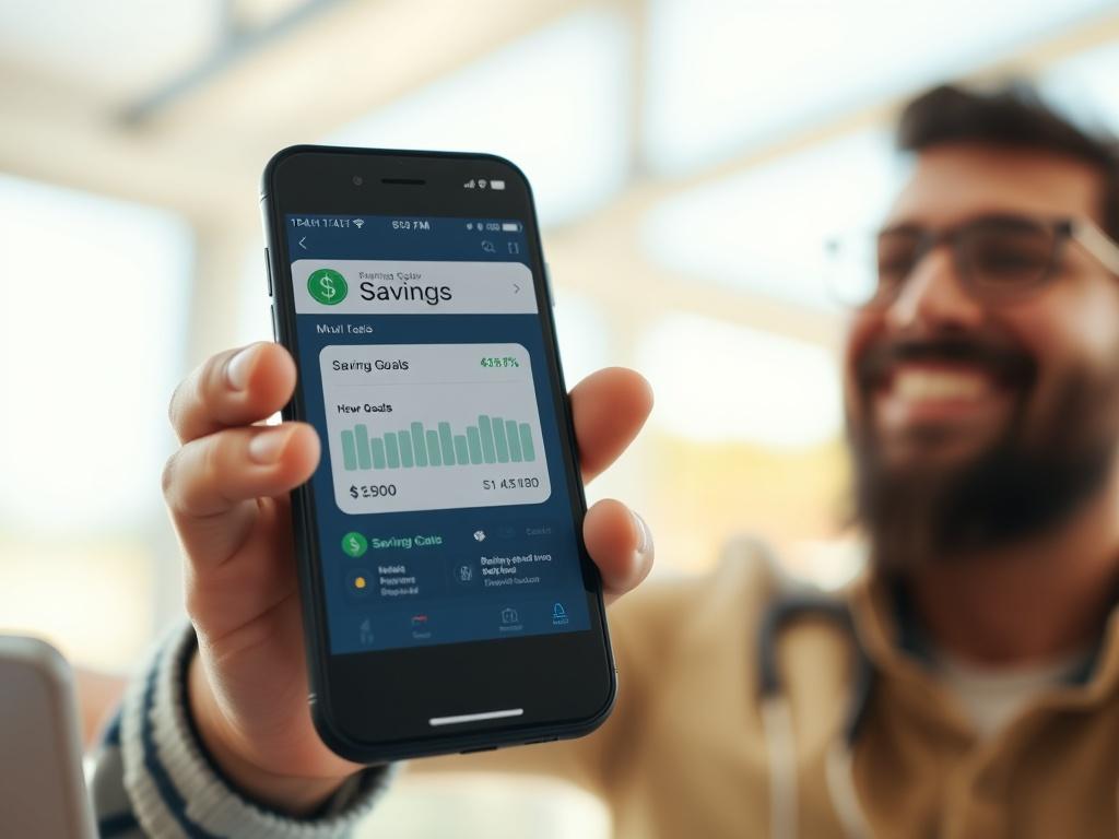 A close-up shot of a smartphone displaying savings goals on a finance app, with a person in the background looking pleased. The environment is bright and encouraging, representing positive financial growth.