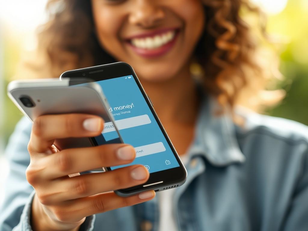 A close-up shot of a person smiling while using a smartphone to send money through a finance app. The focus is on the phone screen displaying a successful transaction, with a bright, friendly background.