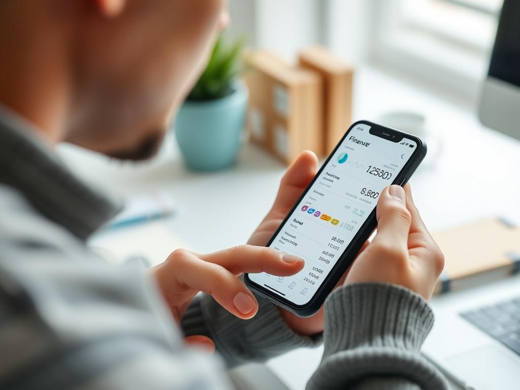 A close-up shot of a smartphone displaying analytical data on spending and savings within a finance app. The user appears engaged and thoughtful, surrounded by a clean, modern workspace, illustrating clarity and focus.