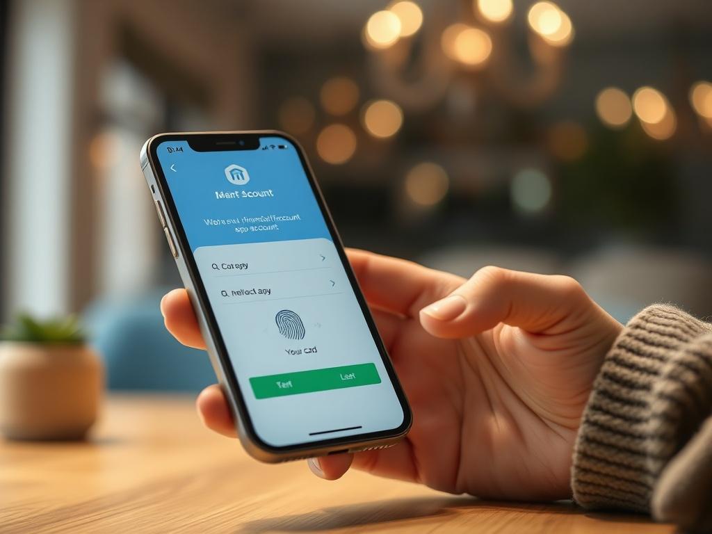 A close-up shot of a person using a smartphone to set up a secure financial app account, featuring biometric verification like a fingerprint scanner. The background is blurred to emphasize the phone and the action, with a bright and welcoming atmosphere.
