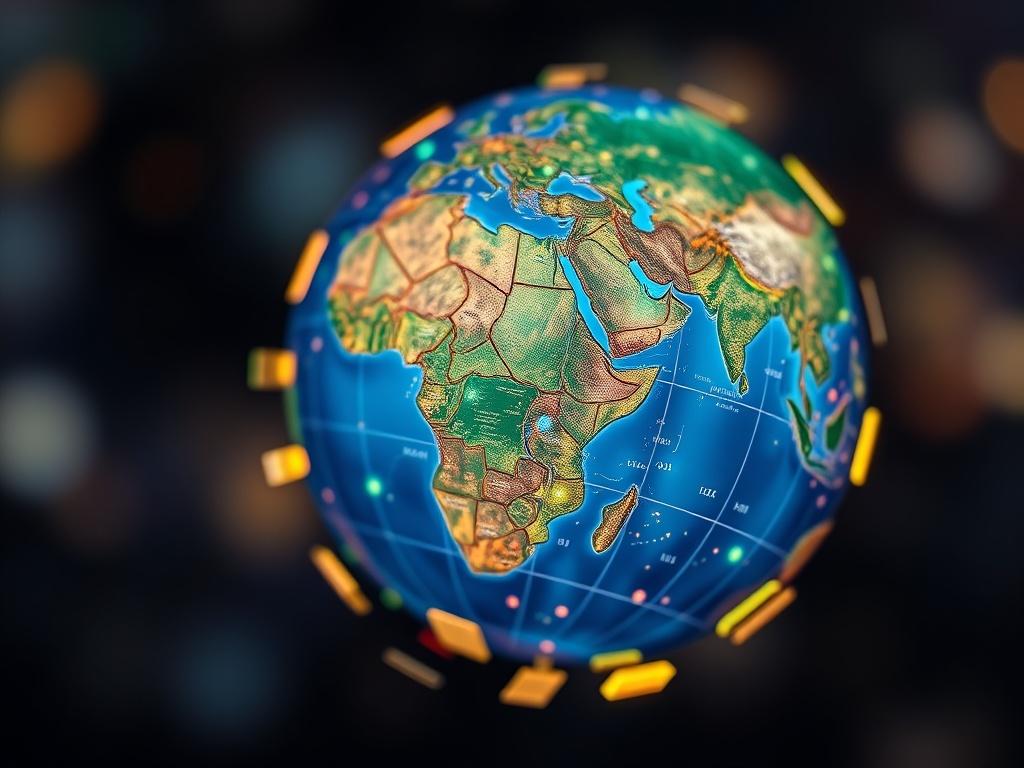 A close-up shot of a globe with digital currency symbols around it, representing international money transfers. The background is softly blurred to create a sense of movement and connectivity, illustrating the global reach of financial transactions. The globe should be vibrant and eye-catching, highlighting the essence of global finance.