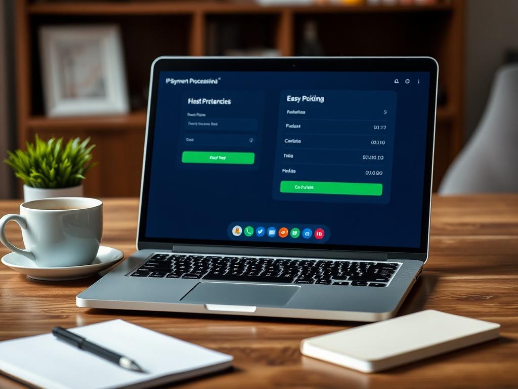 A close-up shot of a laptop displaying a digital payment processing interface, highlighting ease of use. The background should be softly blurred, directing attention to the screen. Include elements that suggest productivity, like a coffee cup and notepad, to enhance the work-from-home vibe.