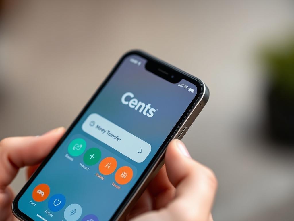 A close-up shot of a smartphone displaying the Cents app interface, showcasing the money transfer feature. The background is softly blurred to focus on the phone's screen, emphasizing the vibrant colors of the app interface. The phone is held in a hand, conveying a sense of ease and accessibility in financial transactions.