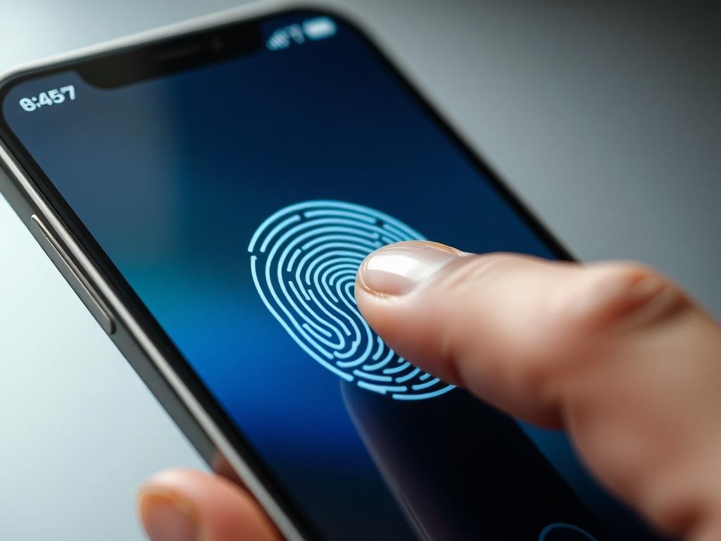 A hyper-realistic close-up of a fingerprint scanner on a smartphone screen, with a user’s finger poised to authenticate. The background is blurred, focusing on the technology and security aspect of the finance app.