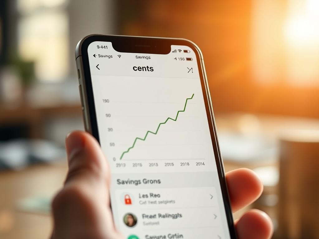 A close-up shot of a smartphone showing a savings growth graph on the Cents app. The background features a bright, optimistic atmosphere, symbolizing financial success.