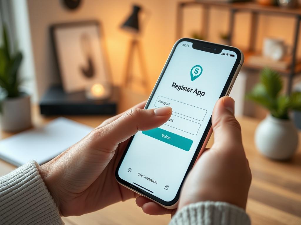A close-up shot of a smartphone displaying a user-friendly registration screen for a finance app, with a person’s hand interacting with the screen. The background shows a cozy home office setting, with soft lighting and minimalist decor.