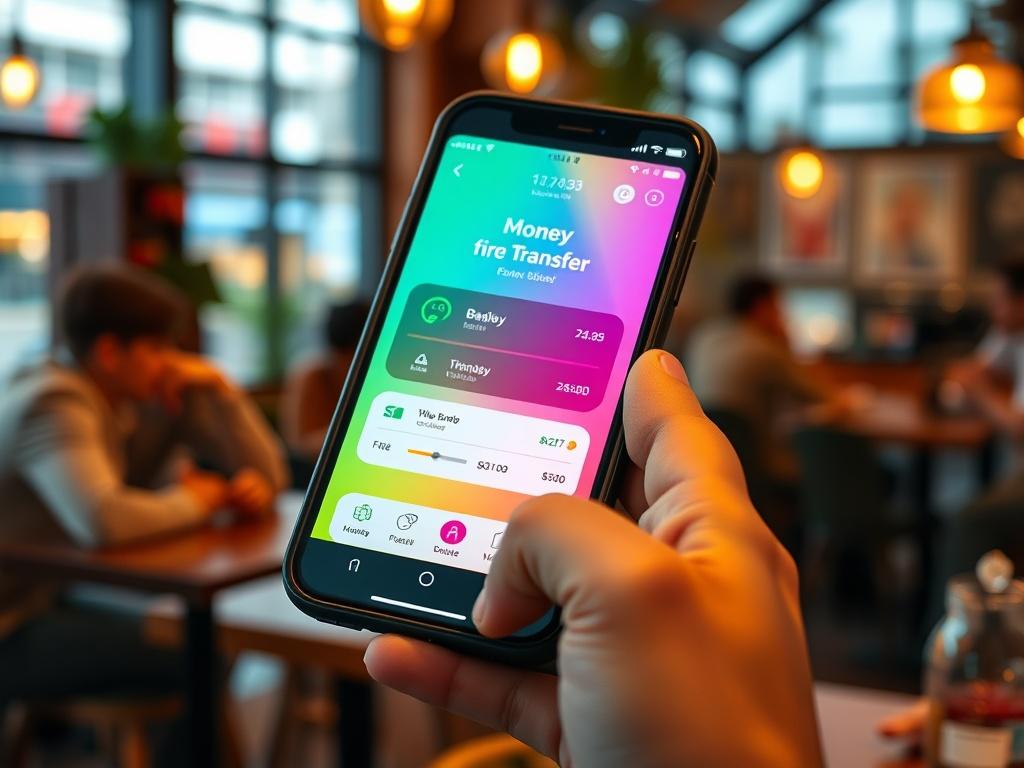 A close-up of a smartphone displaying a money transfer screen, showing an easy-to-use interface with vibrant colors. The background is a lively café, indicating a casual transaction.