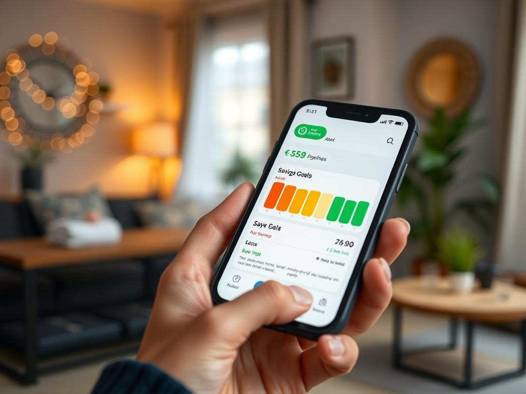 A close-up shot of a smartphone displaying a simple savings app interface with bright colors, focusing on savings goals and progress bars, set against a blurred background of a cozy home environment, capturing a sense of financial empowerment.