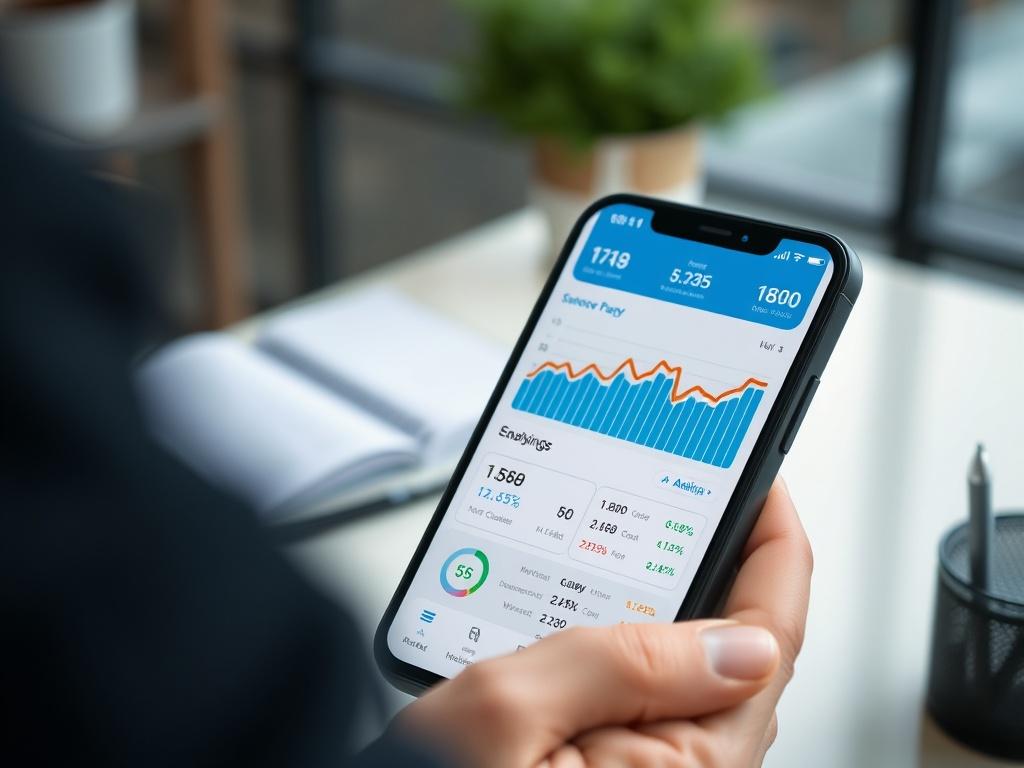 A close-up shot of a smartphone displaying an advanced savings app interface, showcasing detailed analytics and charts, set against a blurred background of a modern workspace, reflecting a dynamic financial lifestyle.