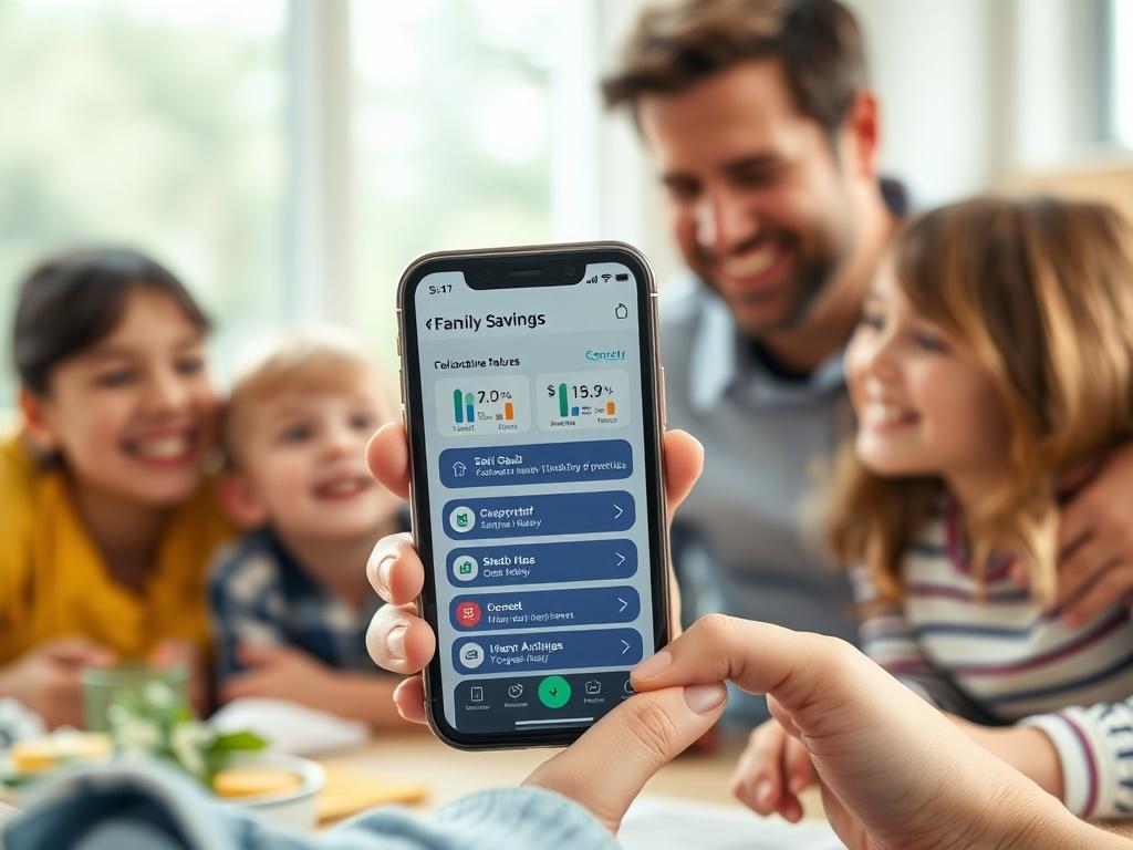 A close-up shot of a smartphone showing a family savings app interface with collaborative features and shared goals, set against a bright, cheerful family environment, emphasizing togetherness and financial planning.