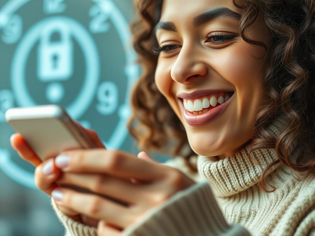 A close-up shot of a person happily sending money through a smartphone, with a visual representation of secure transactions in the background. The image should reflect a sense of empowerment and positivity in managing finances, highlighting the ease of use and security.