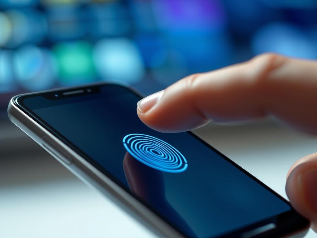 A close-up shot of a smartphone displaying a biometric verification screen, with a user's finger poised above the fingerprint sensor. The background is softly blurred, focusing on the device, showcasing a sleek and modern design. The image should convey a sense of security and technology.