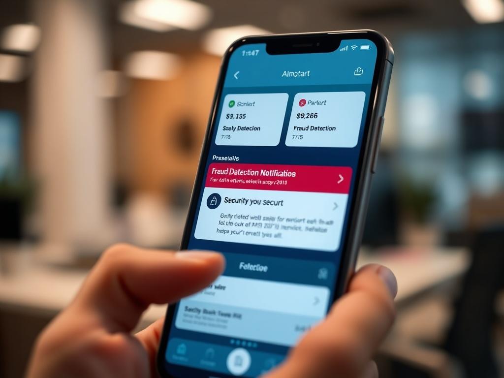 A close-up shot of a digital dashboard displaying security alerts and fraud detection notifications on a smartphone. The background is a blurred office environment, emphasizing the importance of security in daily financial activities. The image should evoke a sense of vigilance and protection.