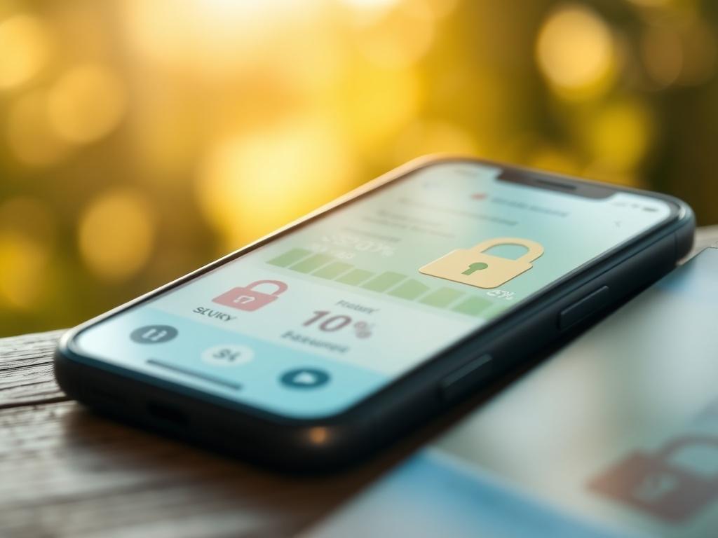 A close-up shot of a savings plan on a smartphone screen, displaying growth statistics and secure locks. The background features a serene setting with soft natural light, symbolizing growth and opportunity. The image should have a warm color palette in harmony with rgb(251, 209, 52), evoking feelings of security and optimism.