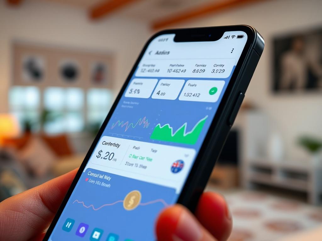 A hyper-realistic close-up of a digital wallet dashboard displayed on a smartphone. The dashboard shows organized financial data with bright colors and clear graphics. The background features a soft-focus image of a cozy home environment, symbolizing comfort and security. The color scheme aligns with rgb(251, 209, 52), creating a warm atmosphere.