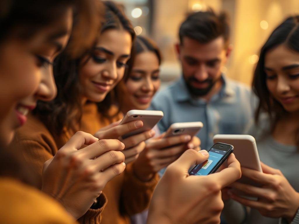 A close-up shot of a diverse group of people using a finance app on their smartphones, showcasing various ethnicities and ages. The background is softly blurred to emphasize the users, with warm lighting to create an inviting atmosphere. The focus should be on the interaction with the app, highlighting features like biometric verification and money management. The color scheme should incorporate the primary color rgb(251, 209, 52) subtly in the app interface.