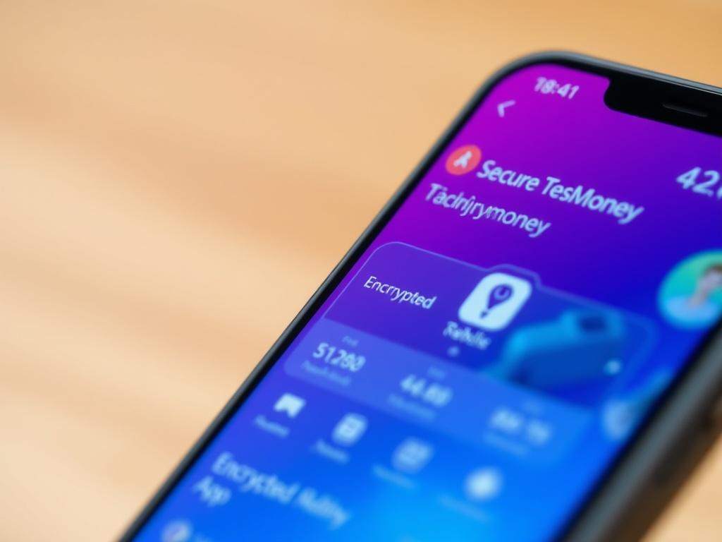 A close-up shot of a smartphone displaying a secure money transfer app interface, with a visually appealing design showcasing encrypted technology elements. The background should be simple and blurred, focusing on the phone's screen. The image should have a warm, inviting tone with the primary color rgb(251, 209, 52) subtly integrated into the app's color scheme.